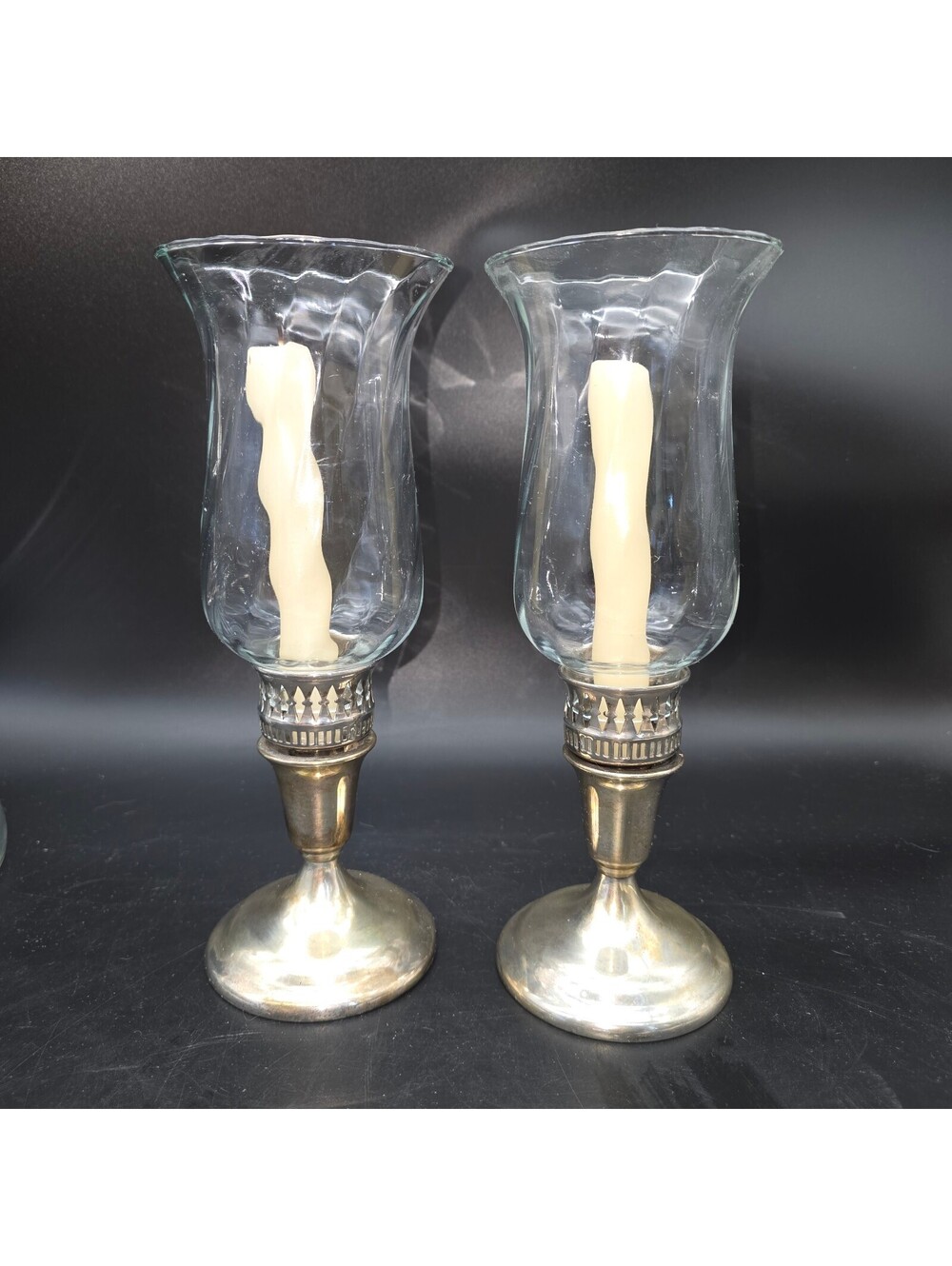 Vintage International Silver Co. Silver Plated Hurricane Candle Holders - Pair